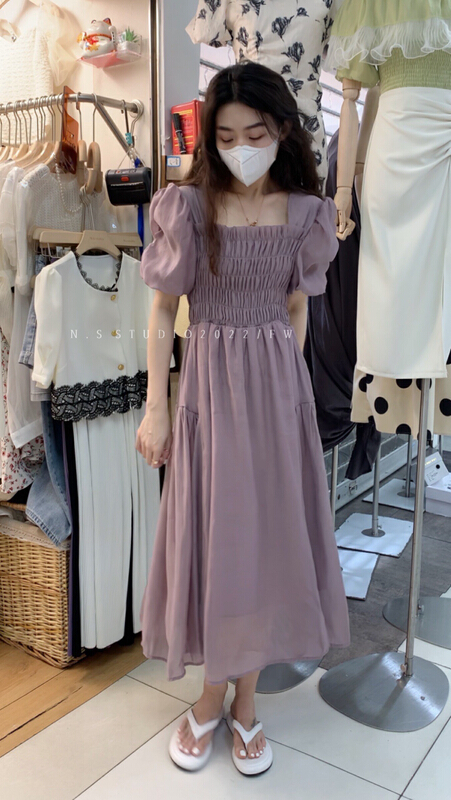 [N.S] Korean style square neck pleated bubble sleeve thin solid dress 1657\wpl