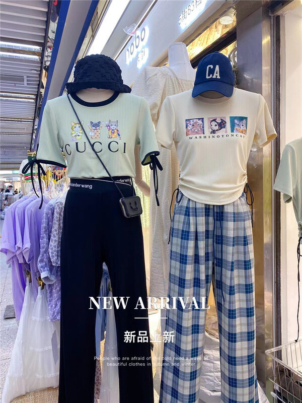 [jj.com] kitten letter print lace up short sleeve T-shirt 8816\lsw