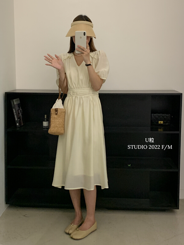 [u-grain] slim temperament V-neck waist dress 6223\hbx