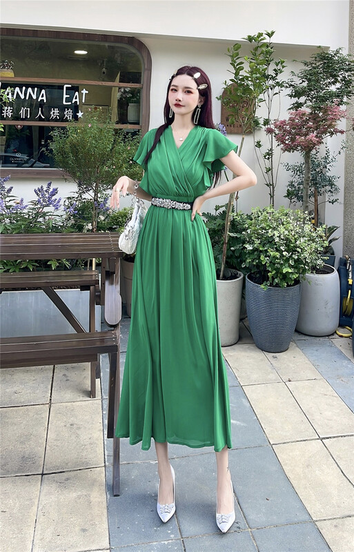 [Milan] commuting simple V-neck waist dress (with belt) 60372\jj