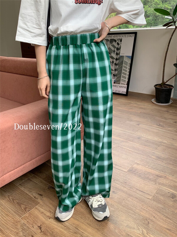 [double seven] elastic waist contrast Plaid straight casual pants 28896\zxx