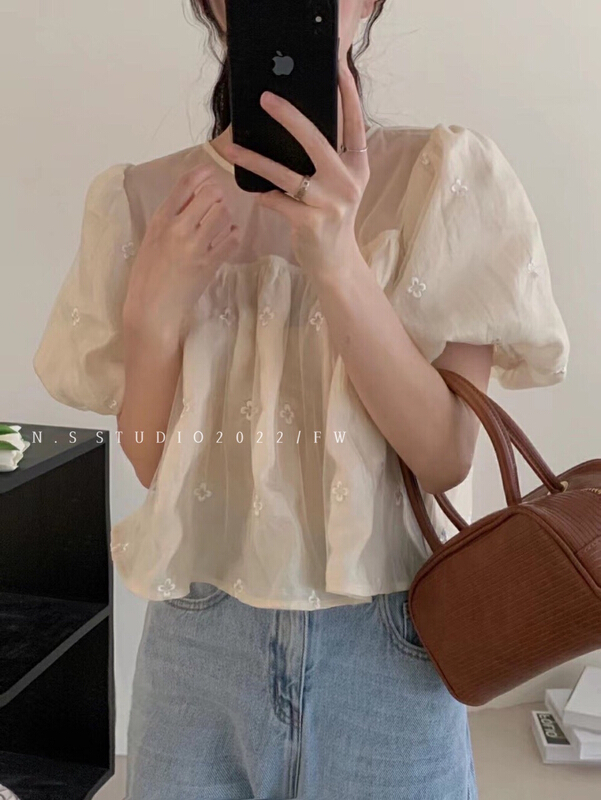 [N.S] Korean aging foam sleeve Embroidered Flower blouse 6822\wpl