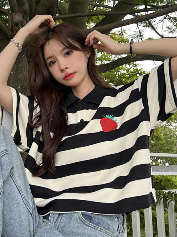 [f · P] stripe embroidered strawberry T-shirt 47159\hbx