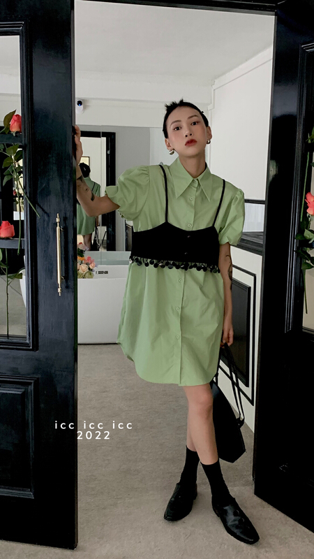 [ICC] fresh and simple bubble sleeve shirt dress + fringe minority design suit 8392\pcz