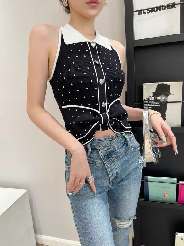 [Linna] sweet little woman love button knitted hot drill vest / suspender (only selling tops) 82834\zxx