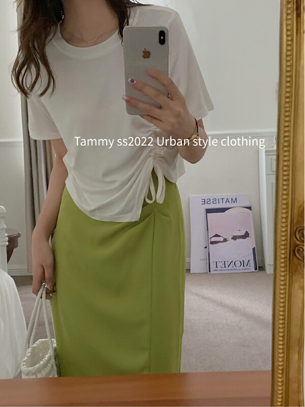 [Tammy] round neck with drawcord at the front makes it slim, versatile, soft, urban style, simple shirt 63111\l