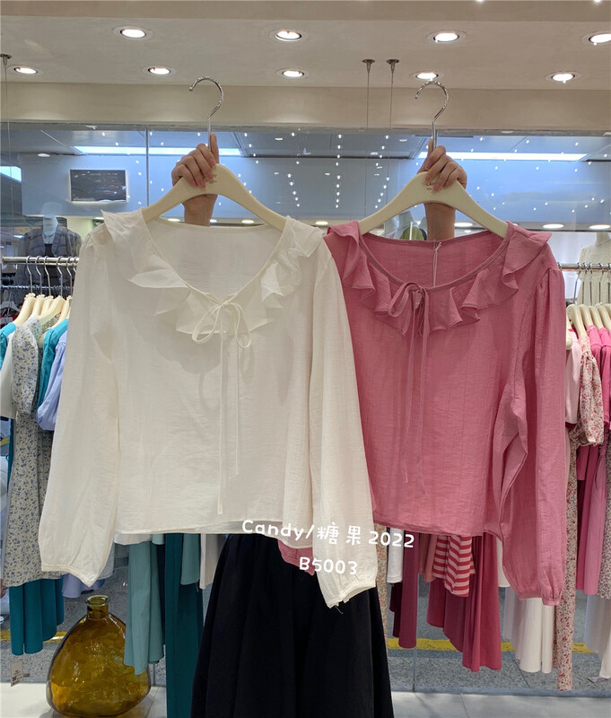 [candy] fresh and simple Ruffle edge V-neck tie temperament shirt 5003\zjy