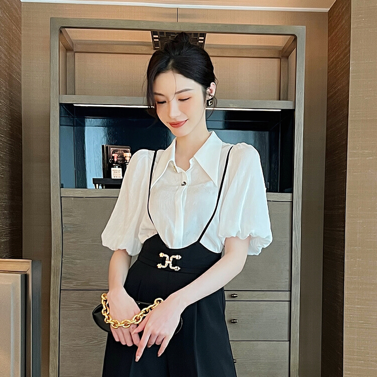 [Hanna including that] advanced color contrast pointed Lapel design thin shirt m10035\xj