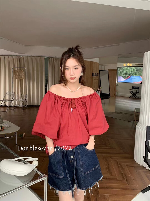 [double seven] Korean solid color loose one line collar shirt 29063\zxx
