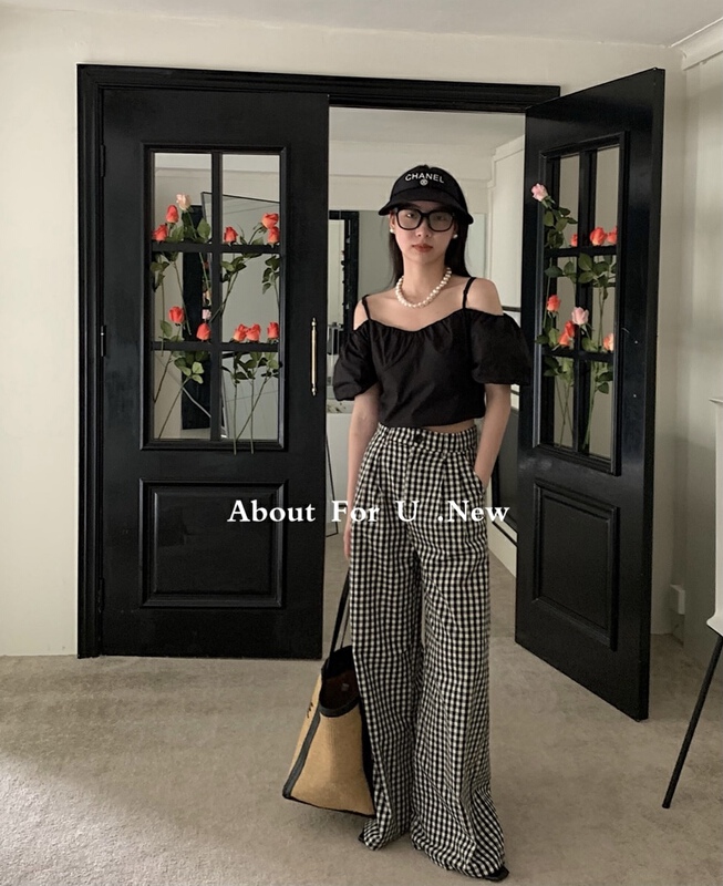 [about for u] Korean checked wide leg fashionable casual pants 66271\zxx