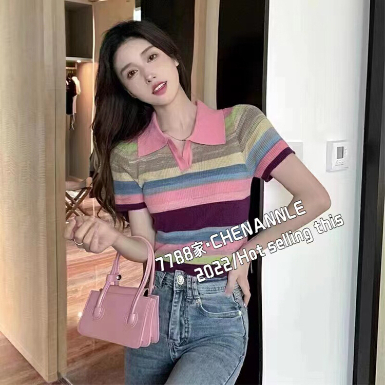 [chennnle] polo shirt Rainbow Stripe contrast high waist short T-shirt 8883\pcz