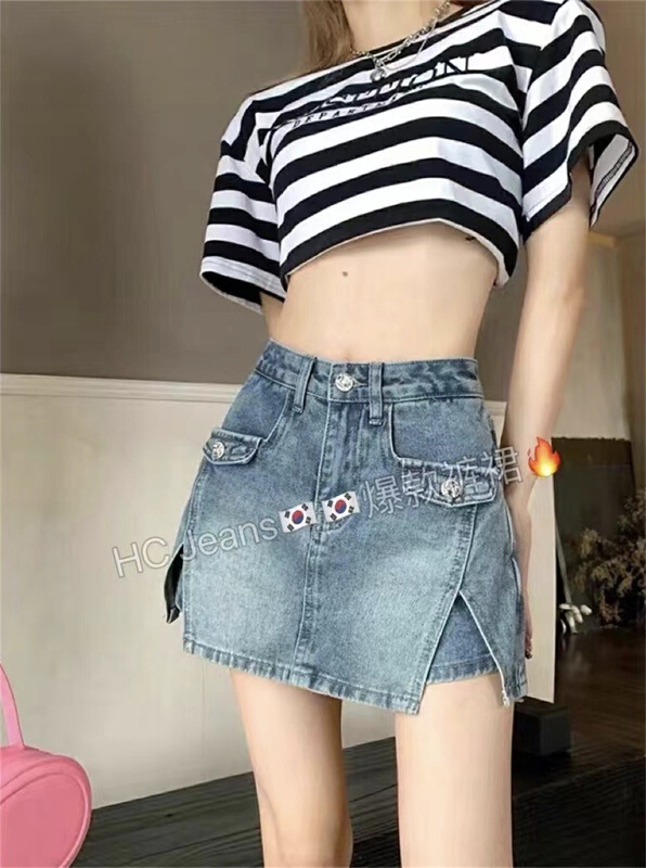 [Han Xier] fashion temperament cool hem split denim shorts (without belt) ys3-9125\hbx