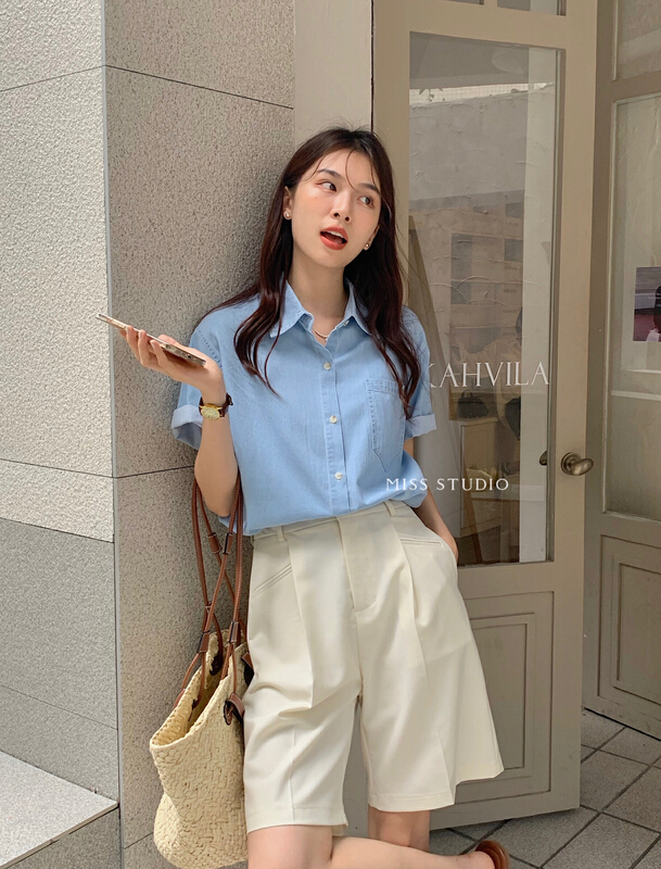 [miss miss home] Korean loose single pocket denim shirt y8831\zjy