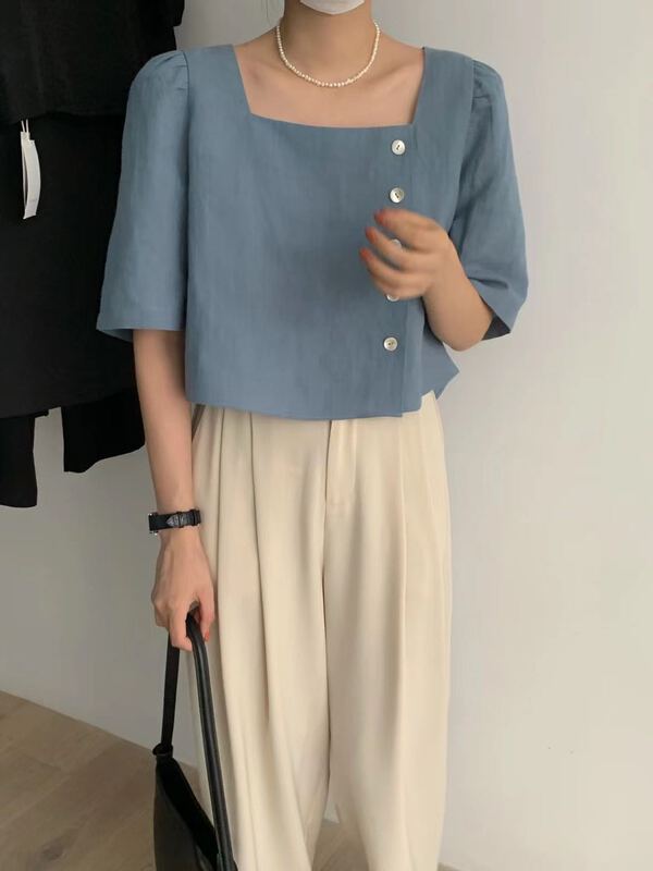 [wanna] square neck single breasted fashion shirt 89231\zxl