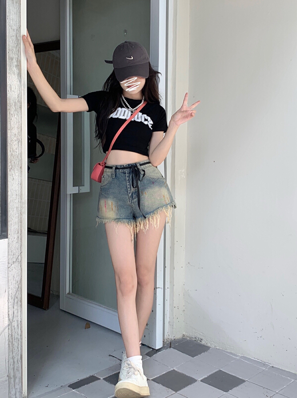 [Doudou family] high waist nostalgic tie dyed woolen denim shorts (with waist rope) 88422\jj