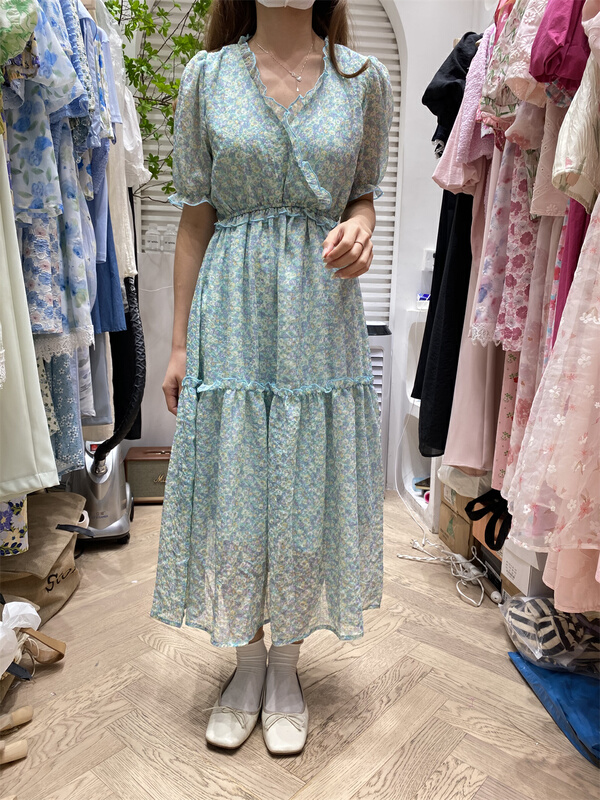 [of white] Han Shu V-neck floral wood ear dress 881302\hjy