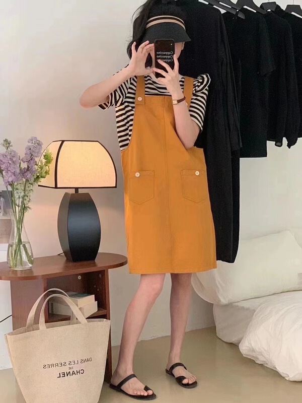 [Duomi] simple stripe short sleeve T-shirt + loose fashion strap skirt set 6102\zxl