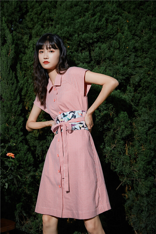 [AC] drunken dream garden printed Plaid Dress (with waist rope and belt) 7100\jj