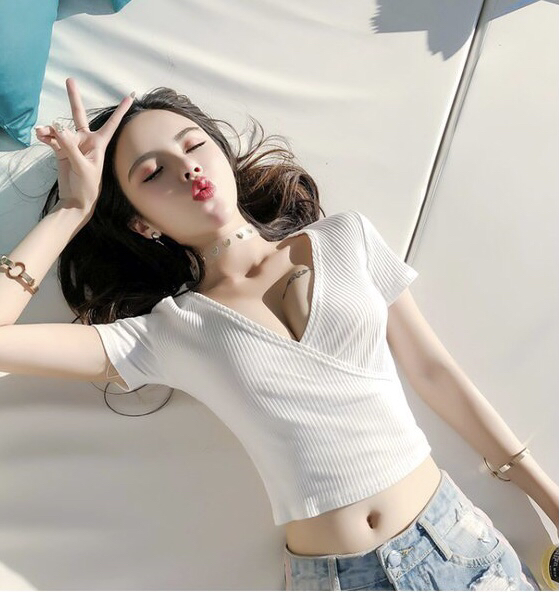 [xinyuanjieyi Xinyuan clothing] high waist slim fitting V-neck short sleeve T-shirt 906a\pcz