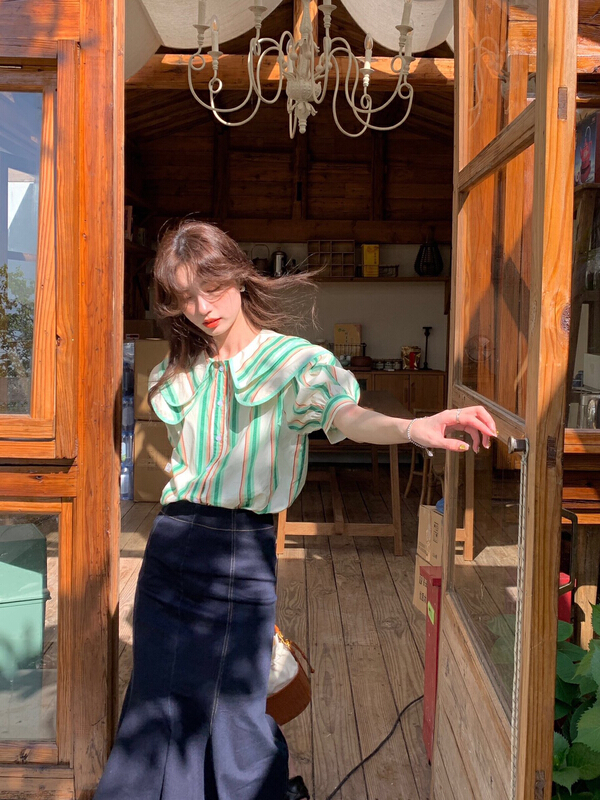 [x · h studio] contrast stripe double layer baby collar shirt 7135\ozq