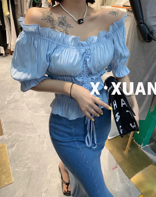 [x.xan] little woman's line neck wooden ear drawstring shirt 7521\pcz