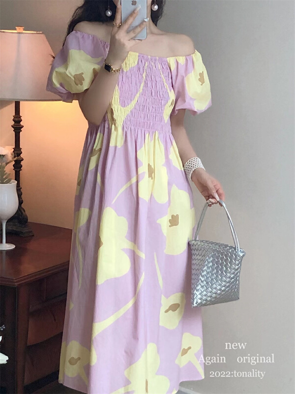 [again] off shoulder bubble sleeve printed waist length dress 6198\pcz