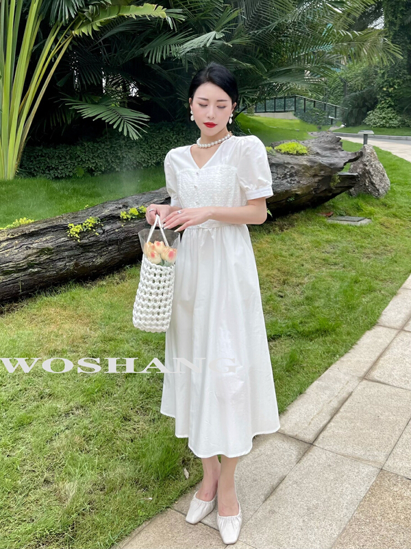 [woshang vogue] V-neck waist closed to show thin temperament sweet little fresh dress 1280\xyj