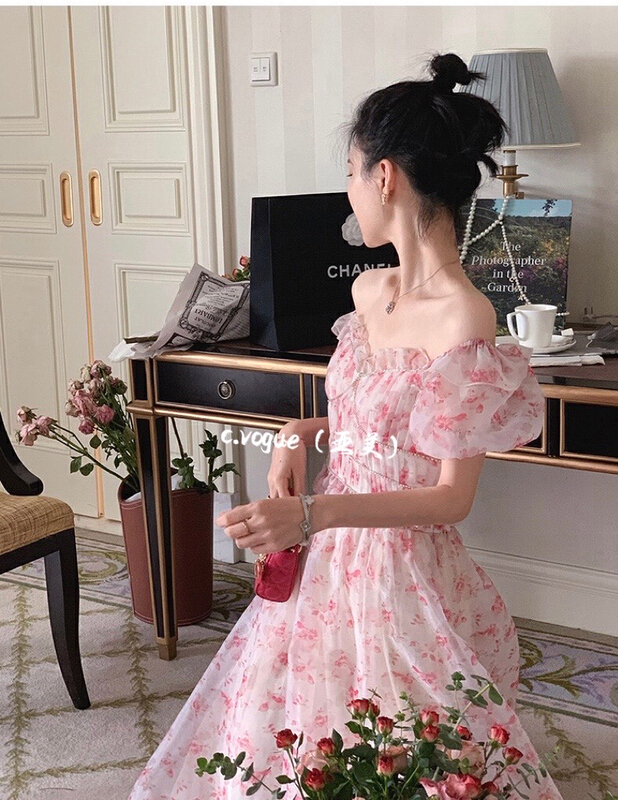 [c.vogue] soft and sweet bubble sleeve blouse + elastic waist skirt two piece suit 3951\pcz
