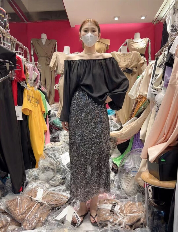 [pepper] temperament off shoulder long sleeve shirt + minority design Sequin skirt set 663-2\pcz