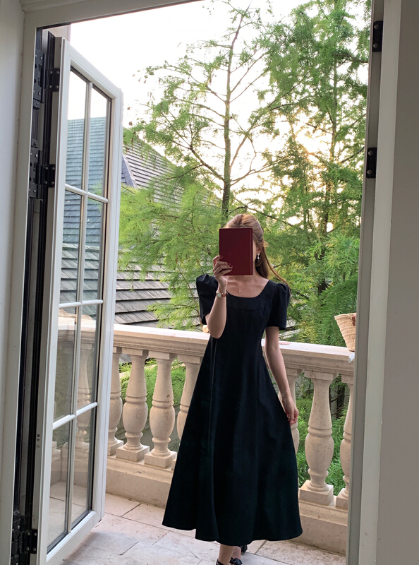 [vivis type] French temperament solid color waist closing bubble sleeve dress 7753\hjy
