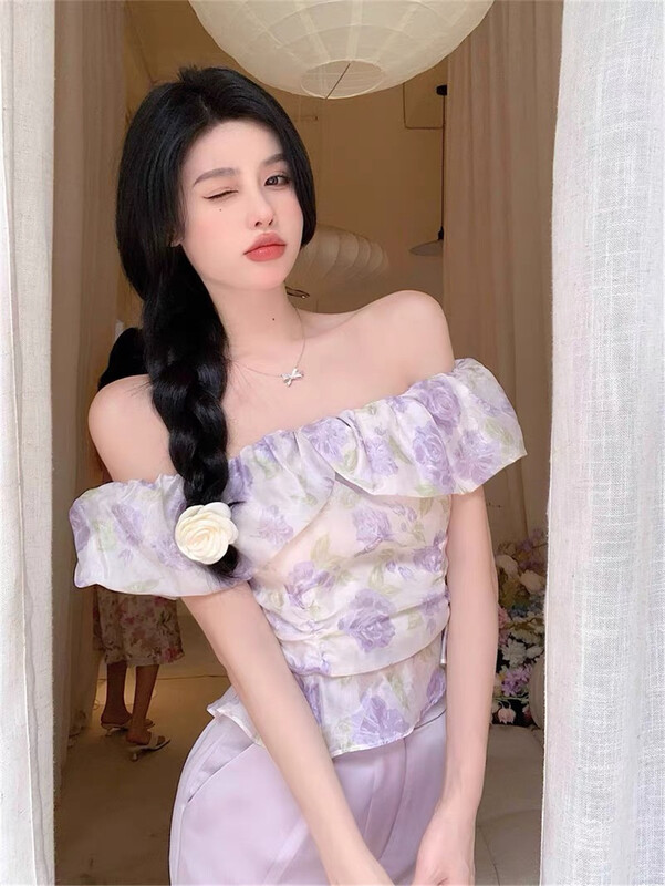 [Linna] French retro floral one shoulder shirt 6923\jj