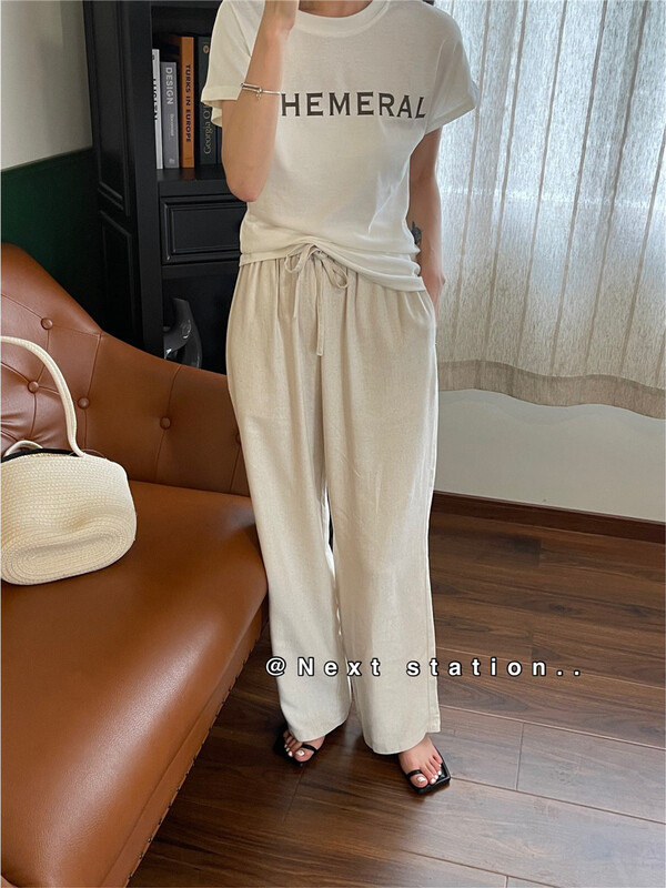 [next station] elastic waist cotton hemp wide leg casual pants 22116\zjy