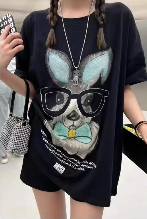[miss Xixi] cartoon rabbit diamond studded short sleeve T-shirt 1578\l
