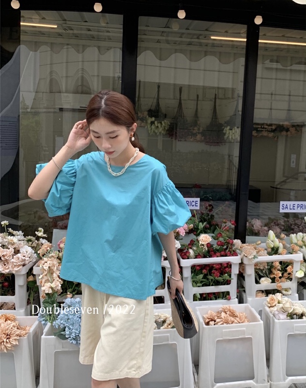 Four colors! [double seven] Korean round neck bubble sleeve sweet shirt 28972\zxx