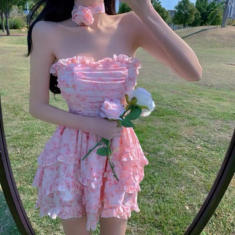[pan] sweet girl bandage neckwear pleated multilayer dress (with silk scarf) 00324\pcz