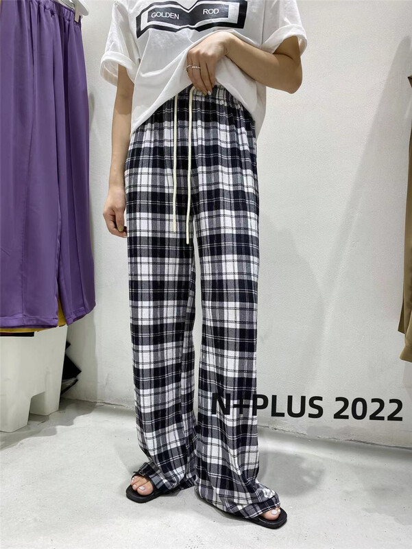 [n+plus] Japanese checked contrast loose and lazy casual pants 22077\ozq