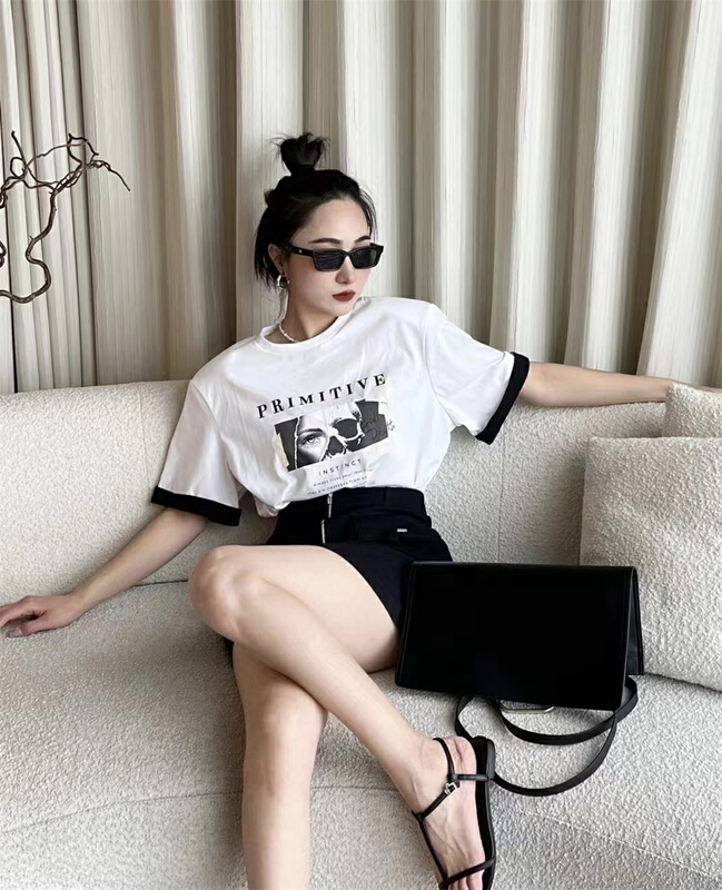 [lucky.bibi] simple printed round neck T-shirt + double pocket design skirt set 1039\jj