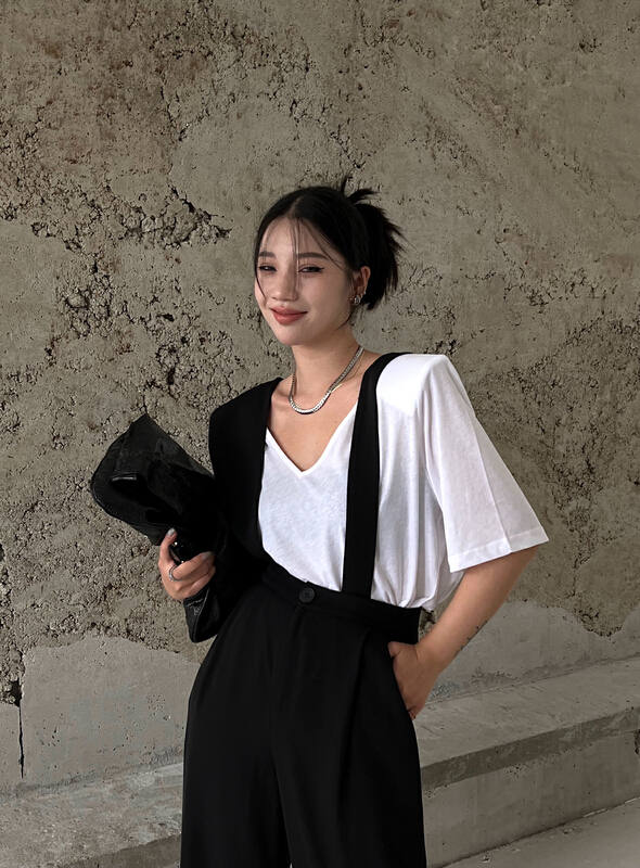 [f (x)] Korean V-neck shoulder pad short sleeve T-shirt (T-shirt only) t11088\ozq