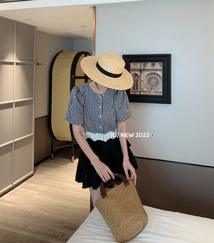[IU] French round neck single breasted Plaid short sleeve shirt 6933\wpl