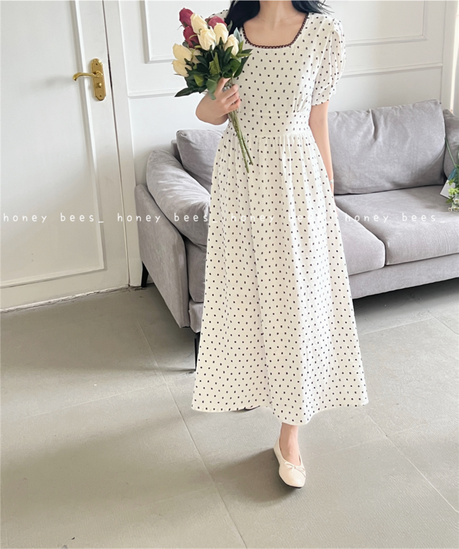 [honeybees] Korean elegant color block square collar dress ys1-8927\l