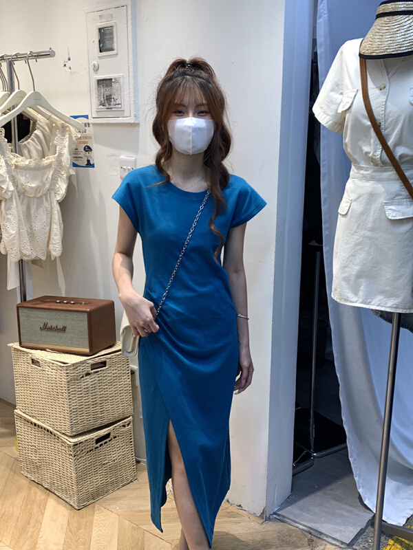 【AS】褶皺開衩懶人簡約彈力棉連衣裙  6613#  HJY