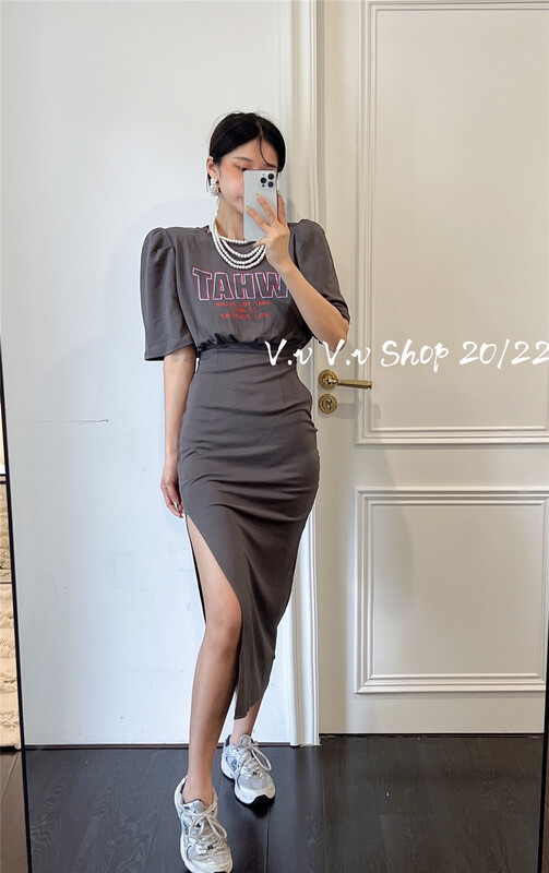 [v.v] letter round neck printed fashion dress (excluding necklace) 7398\zxx