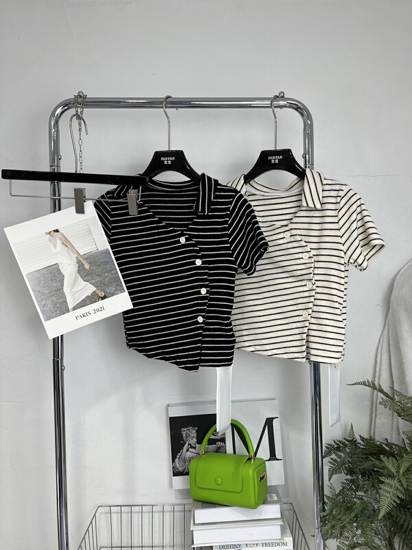 [Fanfan] fashion stripe irregular open button short sleeve shirt 266\jj