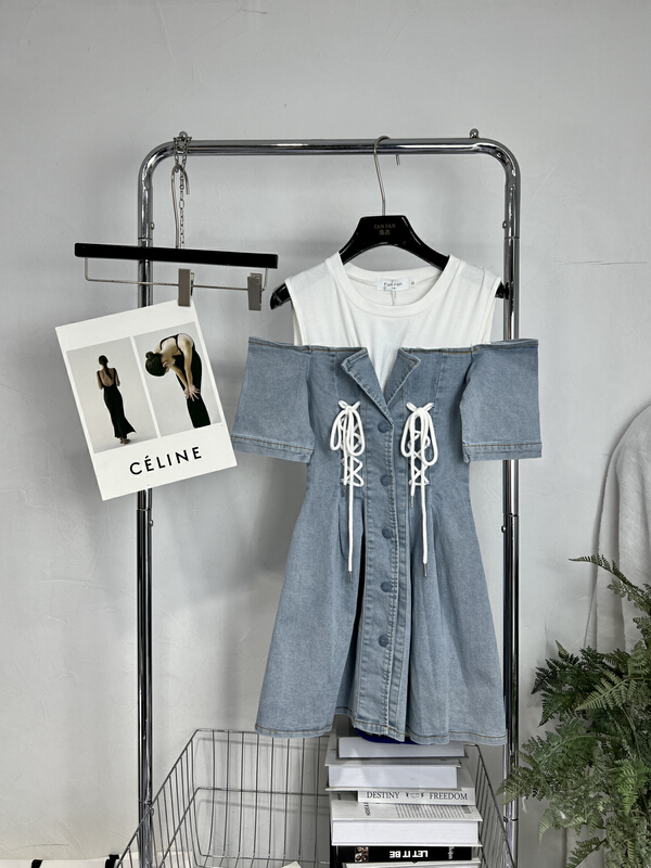 [fan fan] fashionable port style patchwork denim tie rope slim fitting Spice Girl Dress 0055\jj