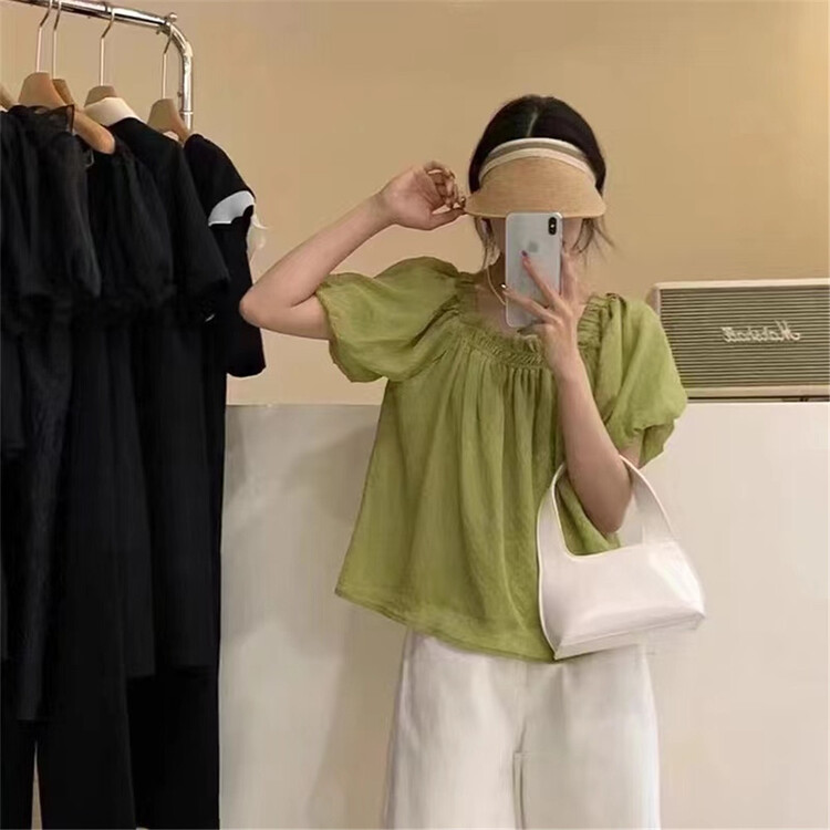 [Lina] Korean style square neck bubble sleeve short sweet shirt 9079\zxx