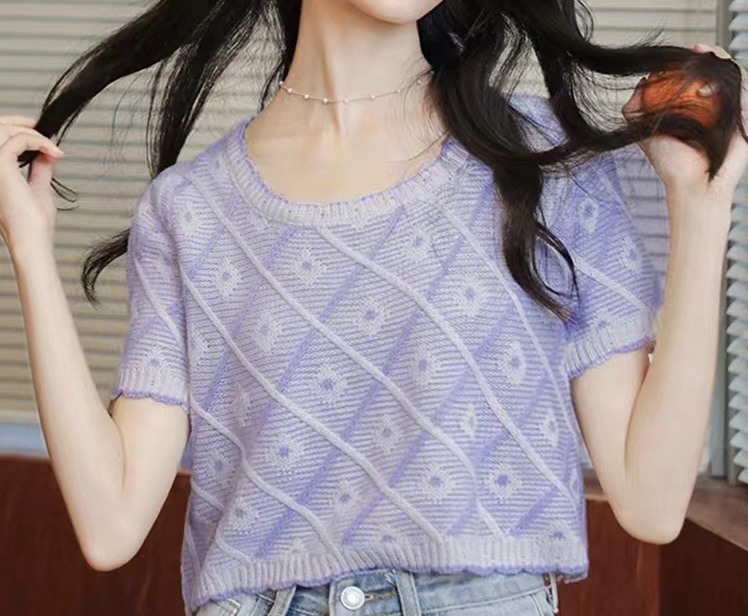 [f · P] temperament lady round neck three-dimensional rhombic contrast color T-shirt 07117\hbx
