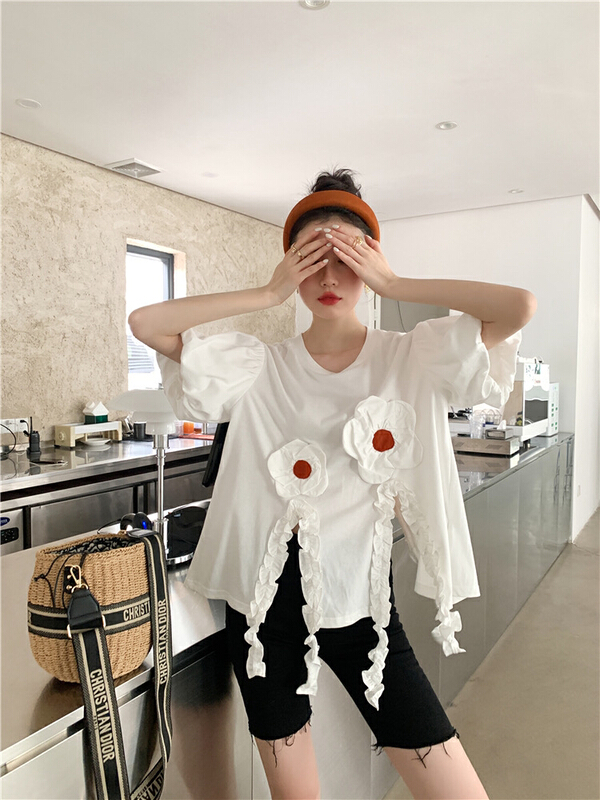 [AC] three dimensional tie flower foreign style wood ear edge short sleeve T-shirt 7101\jj