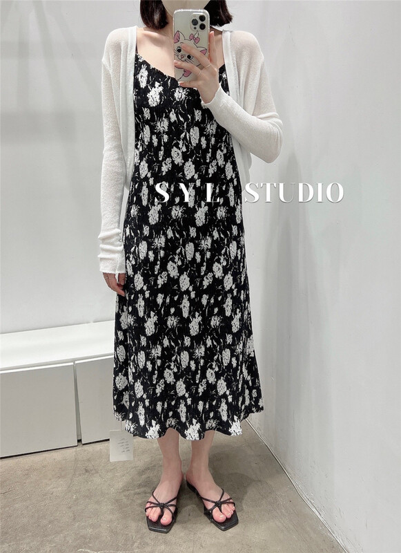 [SYL] fresh lady sling floral Pleated Dress 5302\l