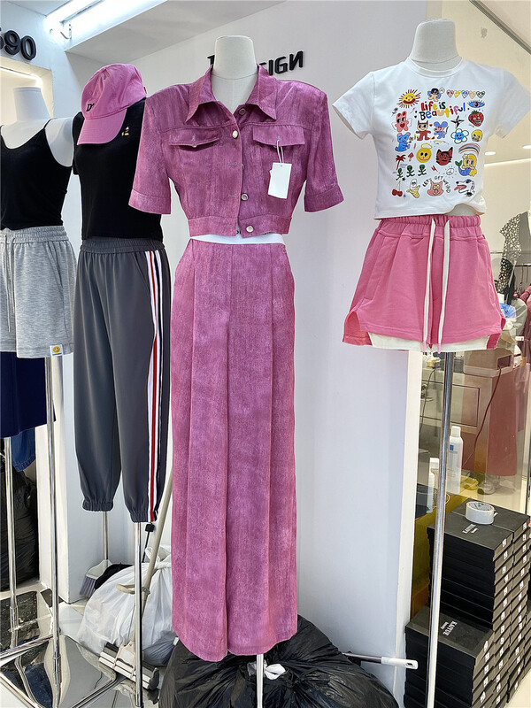 [Tan] shoulder pad design Vintage shirt + letter high waist casual pants set a2440\zxl