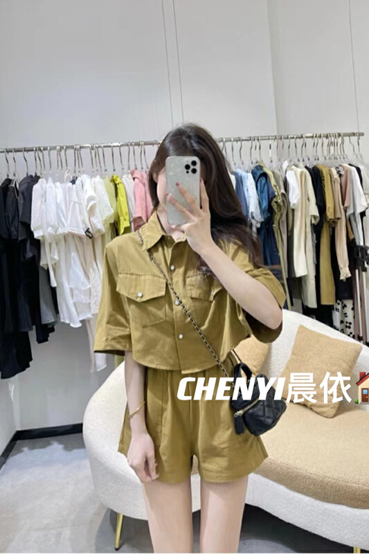 [Chenyi] fashionable and versatile single breasted jacket + loose and slim Denim Shorts Set (only selling sets) 1968\xyy